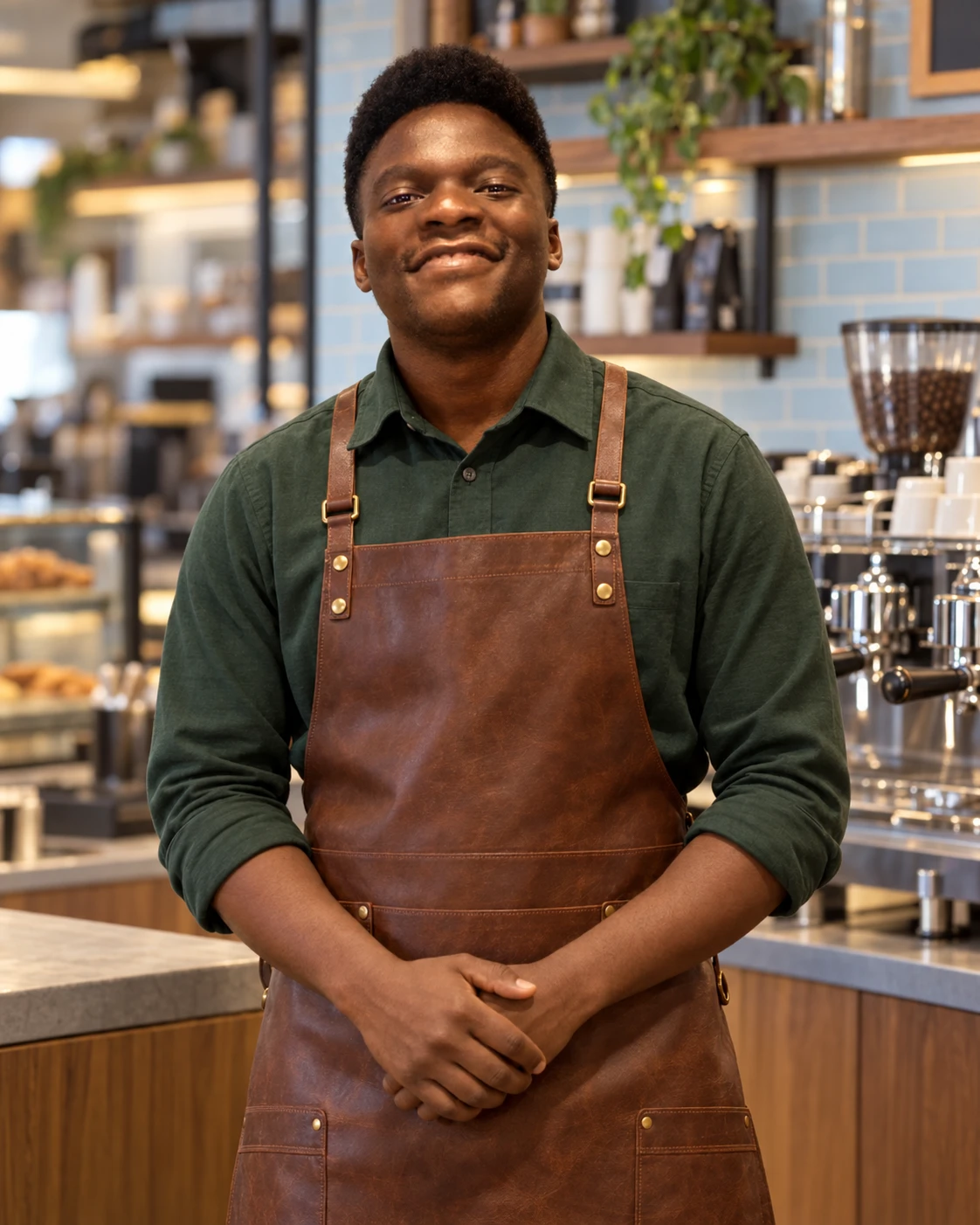 Shafic with a composed expression, wearing a forest-green dress shirt and brown leather apron in a coffee shop.