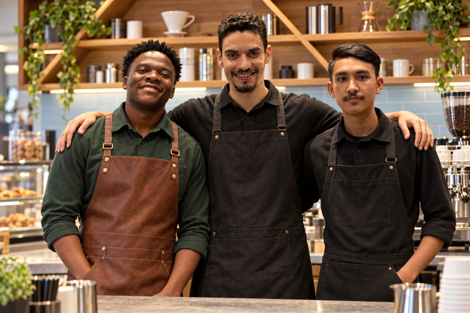 Shafic on the left in a green dress shirt and leather apron, with his two colleagues behind the coffee counter.